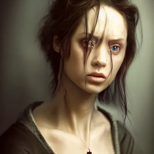 Image similar to I've had a rough day, healthcare worker, perfect eyes, full body shot, portrait, sad, tiredfantasy, beautiful face, medieval, vivid colors, elegant, concept art, sharp focus, digital art, Hyper-realistic, 4K, Unreal Engine, Highly Detailed, HD, Dramatic Lighting by Brom, trending on Artstation