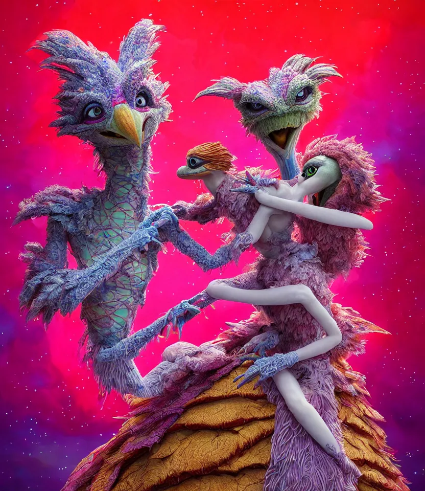 Image similar to hyper detailed 3d render like a Oil painting - kawaii portrait of lovers hugging or kissing Aurora (a beautiful girl skeksis muppet fae princess protective playful expressive acrobatic from dark crystal that looks like Anya Taylor-Joy) seen red carpet photoshoot in UVIVF posing in scaly dress to Eat of the Strangling network of yellowcake aerochrome and milky Fruit and His delicate Hands hold of gossamer polyp blossoms bring iridescent fungal flowers whose spores black the foolish stars by Jacek Yerka, Ilya Kuvshinov, Mariusz Lewandowski, Houdini algorithmic generative render, golen ratio, Abstract brush strokes, Masterpiece, Edward Hopper and James Gilleard, Zdzislaw Beksinski, Mark Ryden, Wolfgang Lettl, hints of Yayoi Kasuma and Dr. Seuss, Grant Wood, octane render, 8k