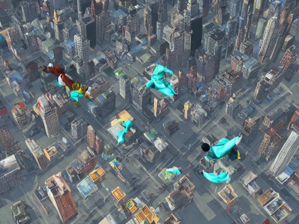 Image similar to man flying over ps1 third person game city