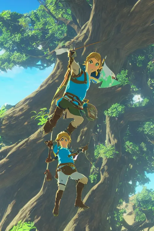 Image similar to in game footage of link from the legend of zelda breath of the wild climbing q tree, breath of the wild art style.