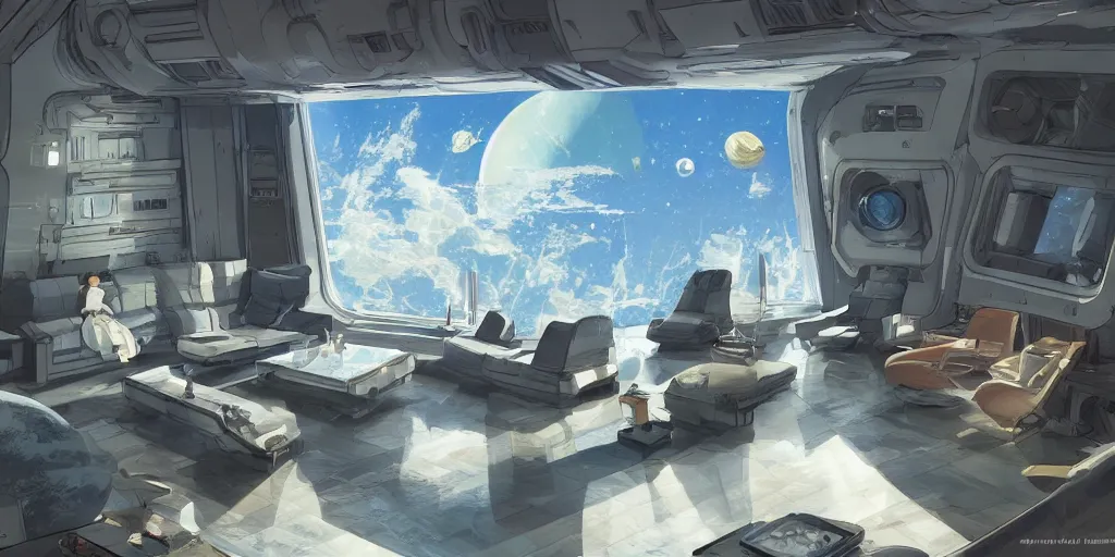 Image similar to a luxury living quarters living room in the 23rd century with a view from a singular window 10km high in space elevator, low contrast, ivan laliashvili, Studio Ghibli and Shinkai Makoto, D render