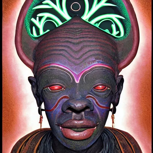 Prompt: a dogon priest wearing a large wooden mask with neon lights manipulating dark matter in the third eye void space. by jeffrey smith and wayne barlowe and tyler edlin. detailed and intricate background