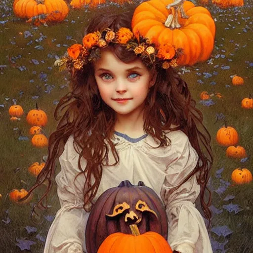 Prompt: a cute happy little girl with light brown wavy curly hair and blue eyes sitting amidst piles of skulls and pumpkins. beautiful cute highly detailed face. spooky halloween themed painting by artgerm and greg rutkowski and alphonse mucha.