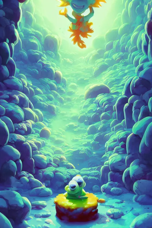 Image similar to smurf ghost creature animal sushi cristal very big eye roots cactus elemental flush of force nature micro world fluo fishscale, behance hd by jesper ejsing, by rhads, makoto shinkai and lois van baarle, ilya kuvshinov, rossdraws radiating a glowing aura global illumination ray tracing hdr