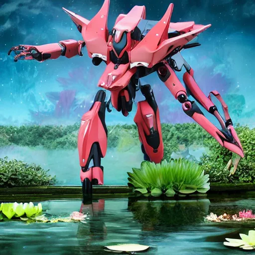 Image similar to evangelion combat mecha with a realistic nymphaea waterlily head stepping out of a pond holding sci - fi weapons. floral amphibious power armor with waterlily helmet and hard surface exoskeleton. bandai box art, 8 k hd resolution, r / mecha