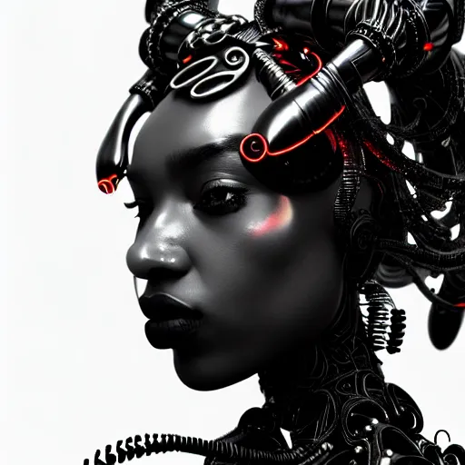 Image similar to portrait of an absurdly beautiful, graceful, sophisticated, fashionable black cyberpunk mechanoid gravure idol, hyperdetailed illustration by irakli nadar, maria borges, matt wisniewski style, intricate linework, dark black skin, neon jellyfish headdress, ivory carved ruff, unreal engine 5 highly rendered, global illumination, radiant light, detailed and intricate environment