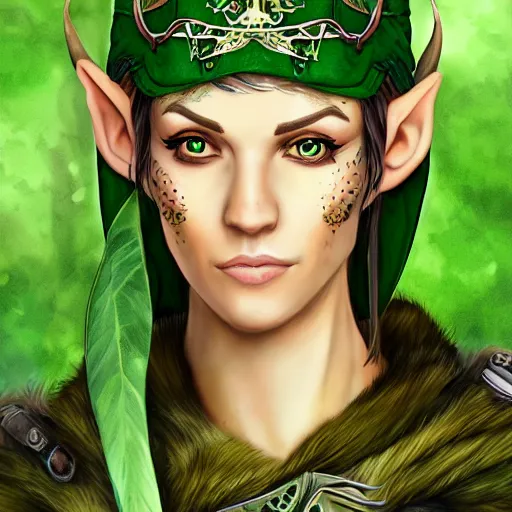 Prompt: portrait of a half elven ranger, dungeons and dragons, full color, vivid, realistic illustration, upper body close up, dressed in green