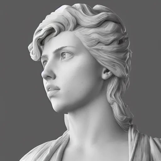 Image similar to a marble bust of actress Scarlett Johansson, made of Carrara marble, extremely detailed, 8K render, unreal engine, octane render, intricate, CGI, cgsociety, photograph, single subject, medium shot, shallow depth of field, by Gian Lorenzo Bernini