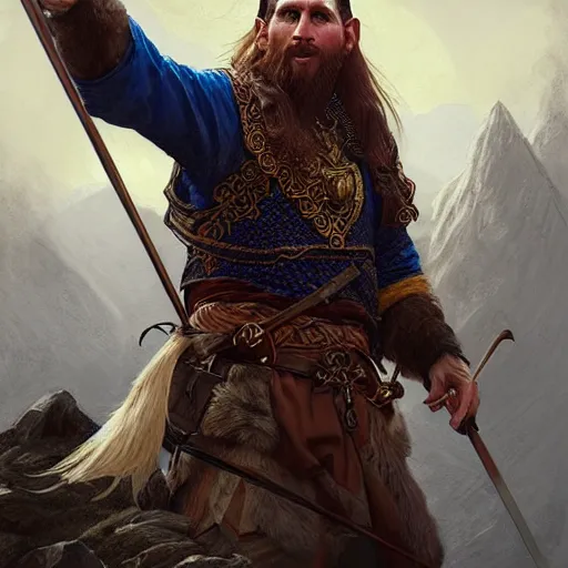 Prompt: Messi as a viking, D&D, fantasy, intricate, elegant, highly detailed, digital painting, artstation, concept art, matte, sharp focus, illustration, art by Artgerm and Greg Rutkowski and Alphonse Mucha