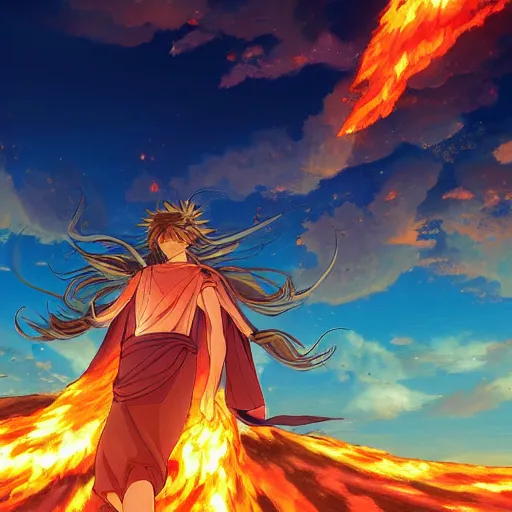 Image similar to a beautiful ultradetailed anime illustration of a man in Biblical clothing flying in the sky on his fiery chariot, desert background chariot on fire, horses on fire by makoto shinkai, anime wallpaper 4k, prismatic