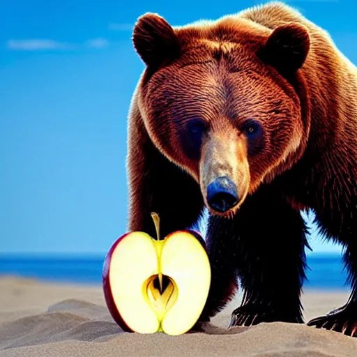 Prompt: national geographic photograph of a bear eating an apple, on the beach