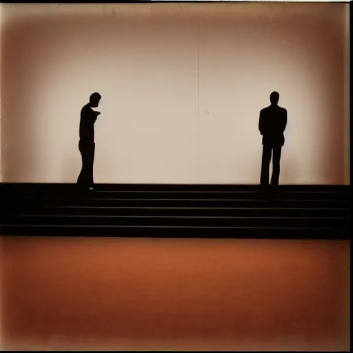 Prompt: Two male silhouettes on an empty theatre stage, polaroid picture, colour, bright