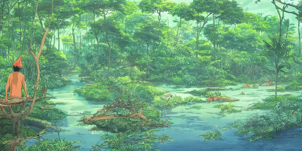 Prompt: sri lankan river in a jungle, drawn by hayao miyazaki