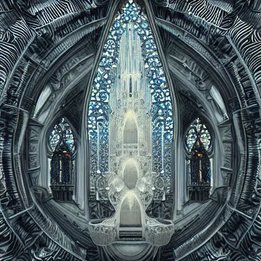 Image similar to a hyperrealistic 3 d render of a delicate ivory sculpture of an ornate detailed cathedral populated by mandelbrot fractals by android jones, micro detail, unreal engine, backlit lighting, psychedelic, octane renderer, catholicpunk, glowing, white color scheme, photorealistic, physically based rendering, angelic, colorful, carved soap, trending on cgsociety