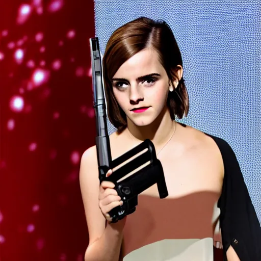 Image similar to emma watson pointing shotgun at camera,