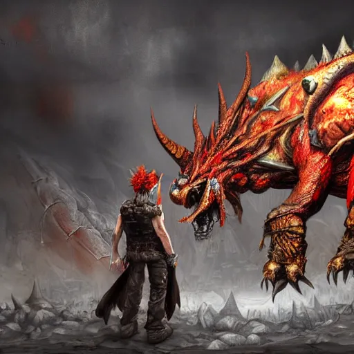 Image similar to concept art of bowser with huge horns and scales and talons in a ruined kingdom, resident evil, horror, occult, terror, mist, volumetric render, digital painting, detailed painting