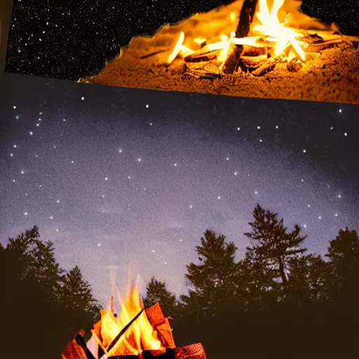 Image similar to a comfy crackling outdoor campfire in front of a very dark background of yellow illustrated stars, astrophotography, warm muted colors, cut paper photo collage with photograph and illustration