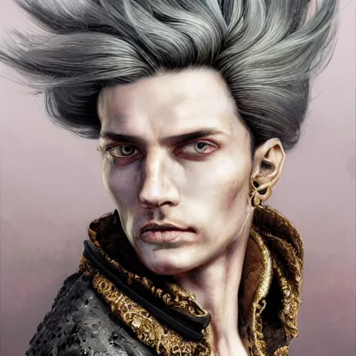 Image similar to portrait, headshot, insanely nice professional hair style, dramatic hair color, digital painting, of a old 17th century, old cyborg merchant, Roman Senator, amber jewels, baroque, ornate clothing, scifi, realistic, hyperdetailed, chiaroscuro, concept art, art by Franz Hals and Jon Foster and Ayami Kojima and Amano and Karol Bak,