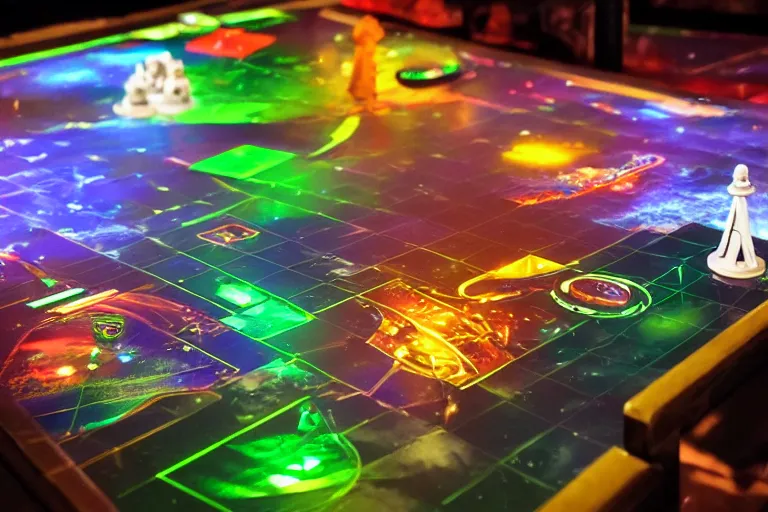 Prompt: scifi holographic dueling board game played by aliens at a cyber space arcade lounge