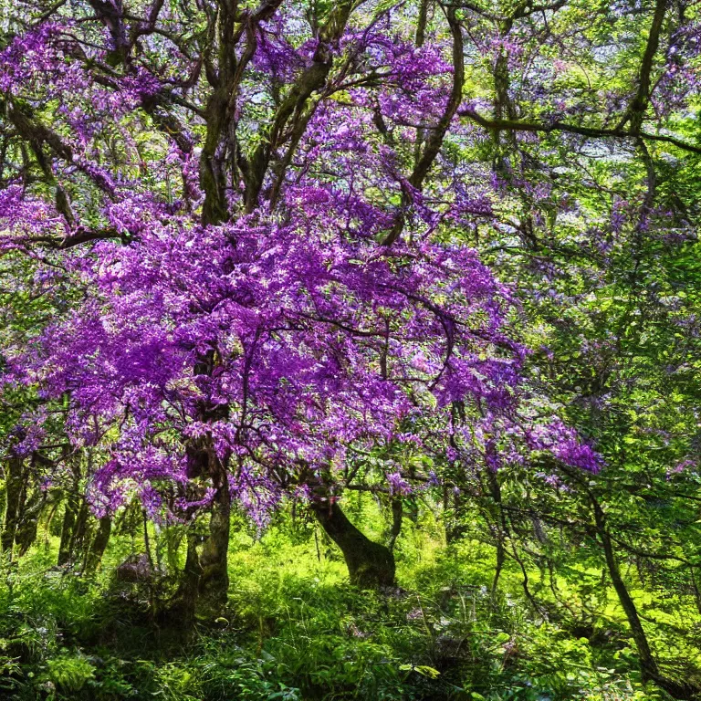 Prompt: tiny seeds float around a fairytale tree with lush purple flowers in a sunny forest glade, radiant morning light