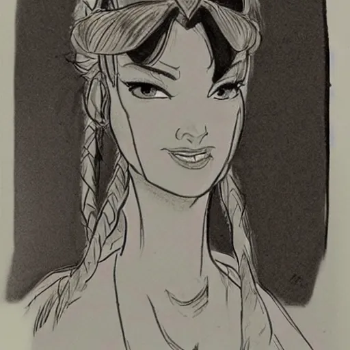 Image similar to milt kahl sketch of vanessa hudgeons with done up hair, tendrils covering face and ponytail as princess padme from star wars episode 3