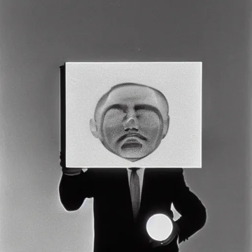 Prompt: man with a projector for a head, 1960 photograph