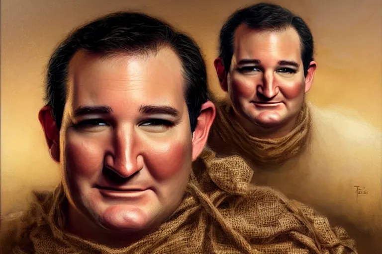 Image similar to portrait of ted cruz wearing a burlap sack with a knife at night in texas, an oil painting by ross tran and thomas kincade