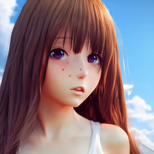 Image similar to Render of a very beautiful 3d anime girl, long hair, hazel eyes, cute freckles, full round face, short smile, cute sundress, golden hour, serene clouds setting, medium shot, mid-shot, highly detailed, trending on Artstation, Unreal Engine 4k