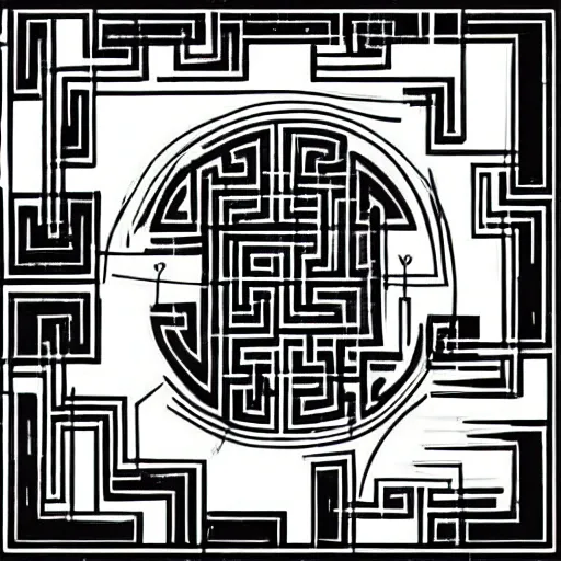 Prompt: Draw a complex labyrinth with a complete path from entry to exit