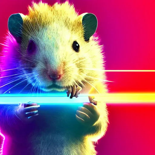 Image similar to cyberpunk hamster! holding rainbow! gem! crystal, neon lights, light reflection, logo, 8 k, hd