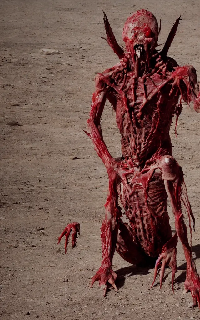 Image similar to in the desert a bloody gross horrifying The Thing creature made of muscle and bone and blood stares at the camera, eating, mid day, 35mm photography, realistic,