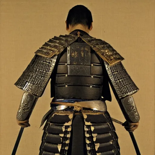 Image similar to A FULL BODY PORTRAIT FROM BEHIND OF A SAMURAI WITH A KATANA AND A CHAIN