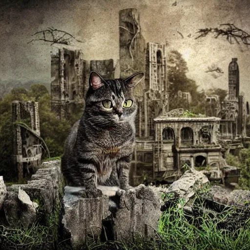 Image similar to a cat living in a post apocalyptic world, ruines, lush trees and beautiful gardens, remnants of the old civilization that once lived, highly detailed photograph.