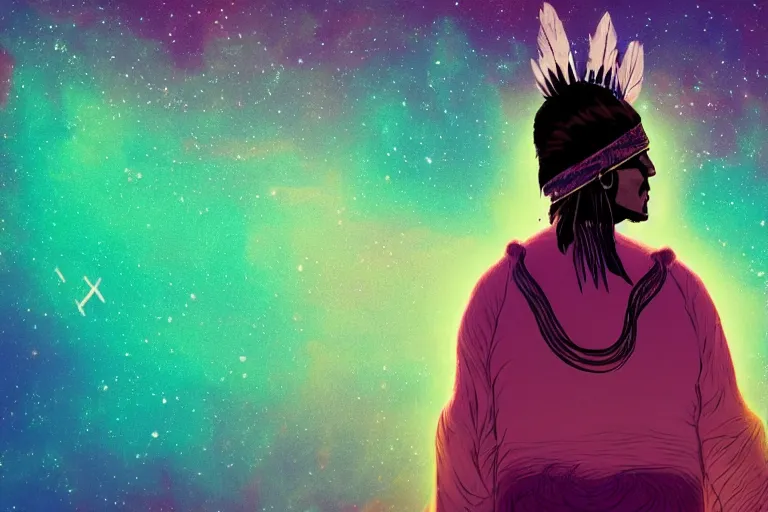 Image similar to photograph of a spiritual native american man looking up at the stars, art, universe, blender, pastel colors, synthwave, retro, cyberpunk,