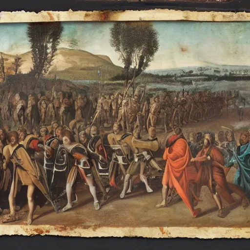 Image similar to a kodachrome photograph of julius caesar and his army crossing the rubicon