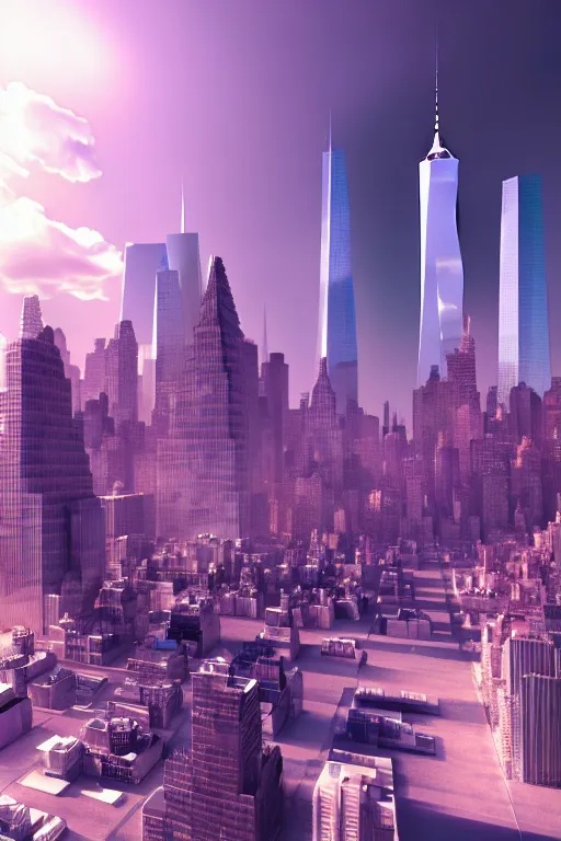 Prompt: a futuristic new york city in shiny crystalline, octane render, clouds : 3, violet sun : 9, in the style of sahm : 2, hd, ultra - realistic, hyper - realistic, digital art,