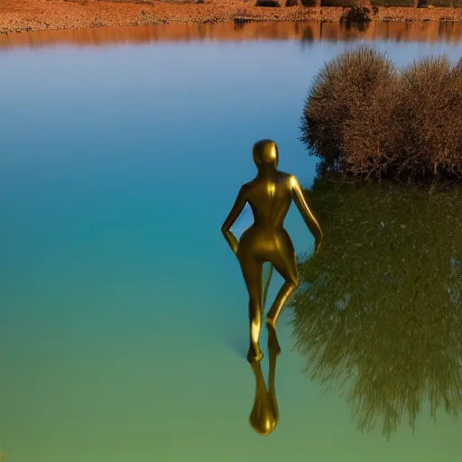 Prompt: 4 k polaroid wide angle photo of a glowing giant steel shiny reflective woman statue dancing, half submerged in water, in a desert oasis lake, at dusk, with neon lighting