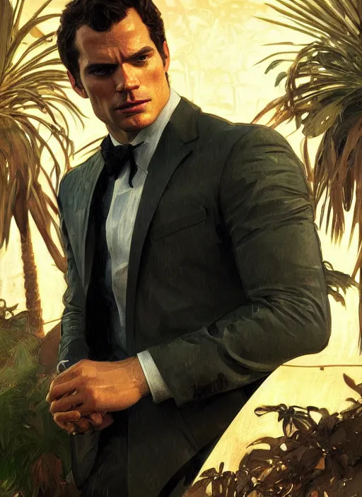 Image similar to portrait of henry cavill as james bond, key art, palm trees, vintage aston martin, highly detailed, digital painting, artstation, concept art, cinematic lighting, sharp focus, illustration, by gaston bussiere alphonse mucha