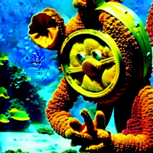 Image similar to rusted barnacle covered teletubby at the bottom of the ocean