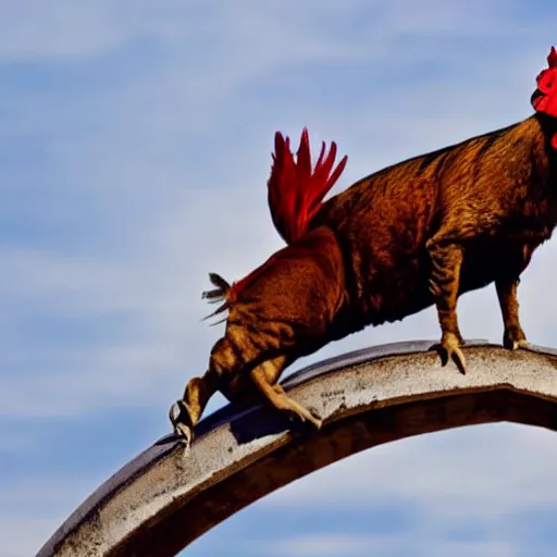Prompt: a rooster on top of a cat on top of a dog on top of a donkey