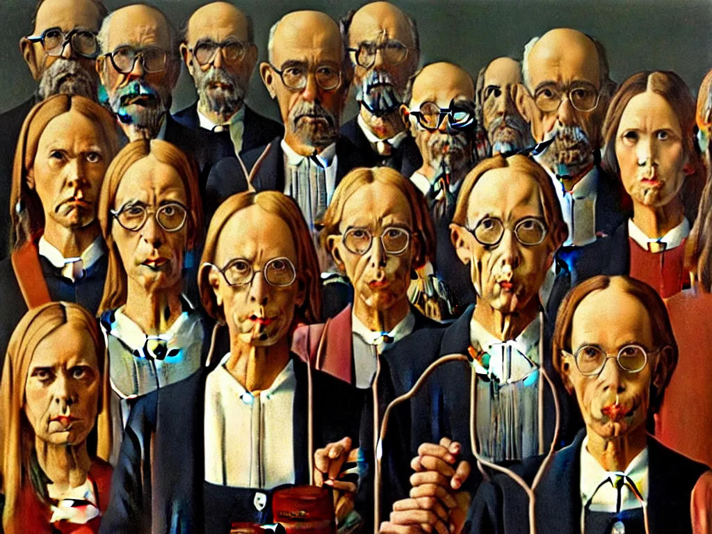 Prompt: crowded last supper american gothic painting magritte, renaissance, detailed faces