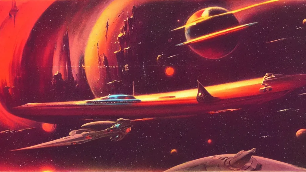 Prompt: spaceship design by paul lehr and jack gaughan and john schoenherr, epic cinematic matte painting