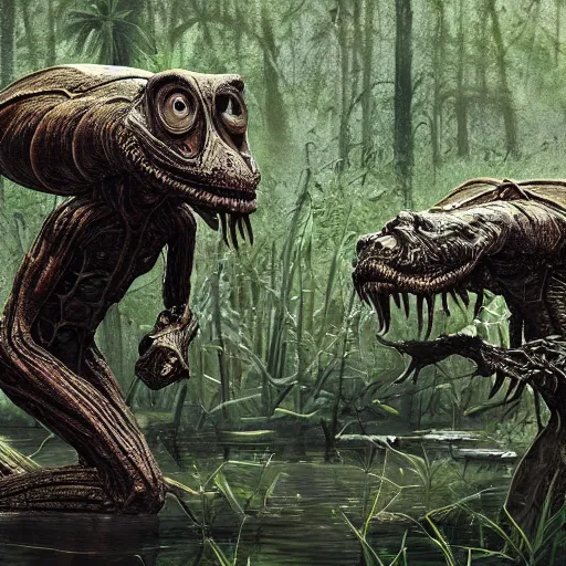 Image similar to strange alien creatures living in a swamp, photo realistic, highly detailed