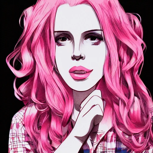 Image similar to full headshot portrait of Lana del ray punk, digital art, short pink hair, drawn by WLOP, by Avetetsuya Studios, anime manga panel, trending on artstation, wearing a plaid shirt