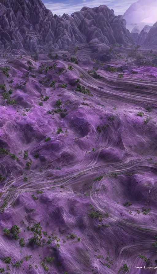 Image similar to Purple Valley, sweat drops, insane, intricate, highly detailed, smooth, sharp focus, Unreal Engine 5, 8K