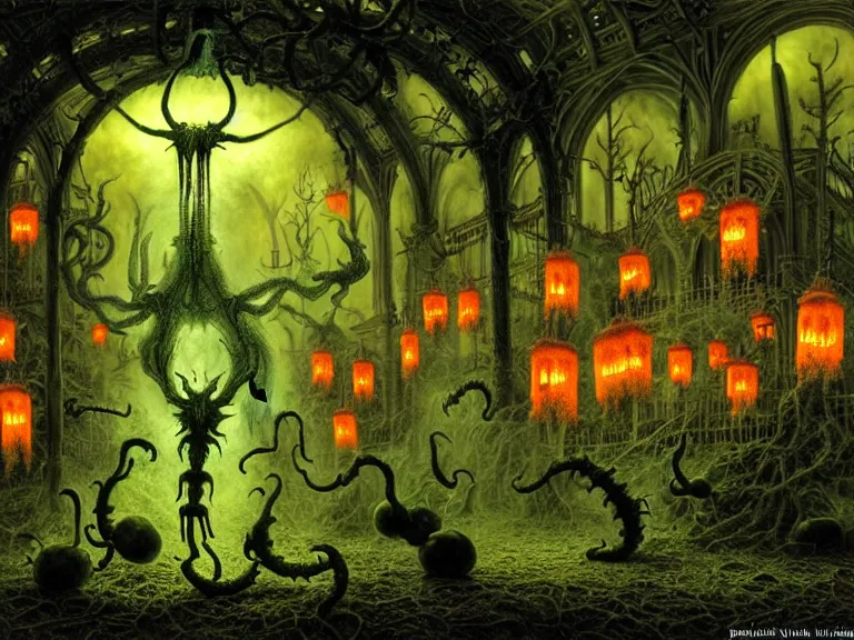 Prompt: hellspawn demons greeting souls of sinners by wendy froud and laurie lipton and guido borelli da caluso and ed valigursky and hubert robert and david mattingly and ferdinand knab, hyperrealism, high contrast, low light, vibrant color, psychedelic, green mist, blue cobblestones, orange demons, yellow lanterns