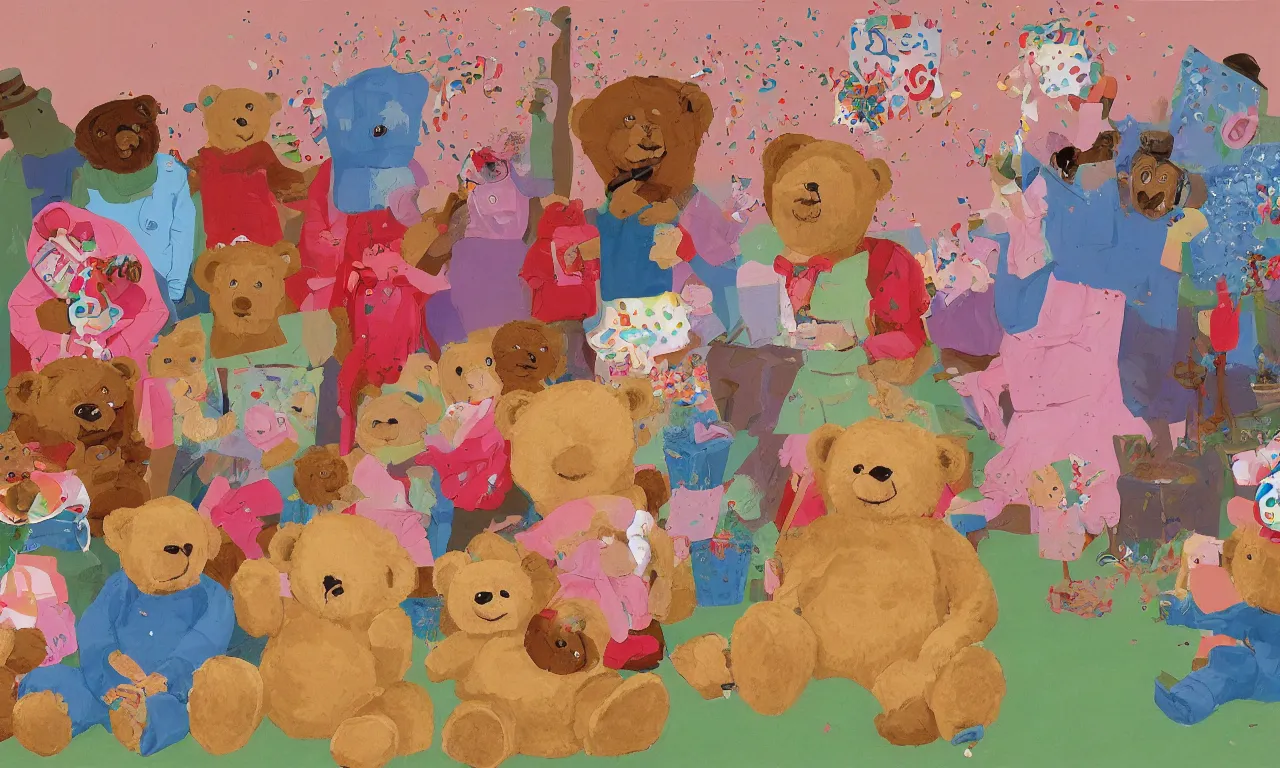 Prompt: a teddy bear birthday party, from the terrifying and incomprehensible beyond, body horror, by david hockney, technicolor