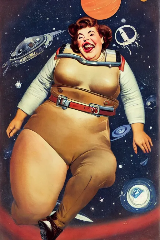 Prompt: 5 0 s pulp scifi fantasy illustration full body portrait laughing overweight woman in leather spacesuit, space scene, by norman rockwell, roberto ferri, daniel gerhartz, edd cartier, jack kirby, howard v brown, ruan jia, tom lovell, frank r paul, jacob collins, dean cornwell, astounding stories, amazing, fantasy, other worlds