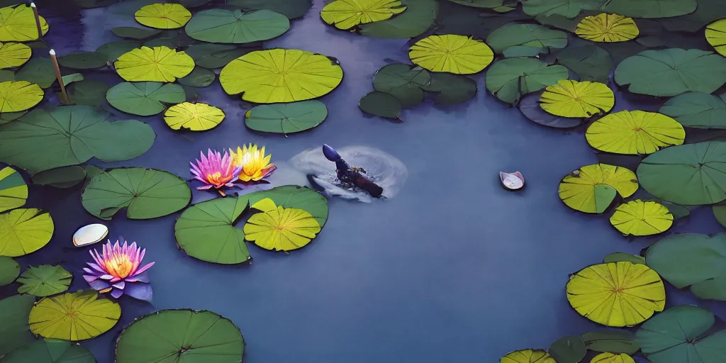 Prompt: hand holding water lily, studio shot, night dramatic lighting, blue, yellow and purple tones, wide camera angle, matte painting, trending on ArtStation, concept art, delightful surroundings, high detail, sharp contrast, ray tracing, picturesque artwork by Mike Winkelmann, artwork by Ridley Scott, 4K, 8K, super graphically realistic detailed, high definition, HDR