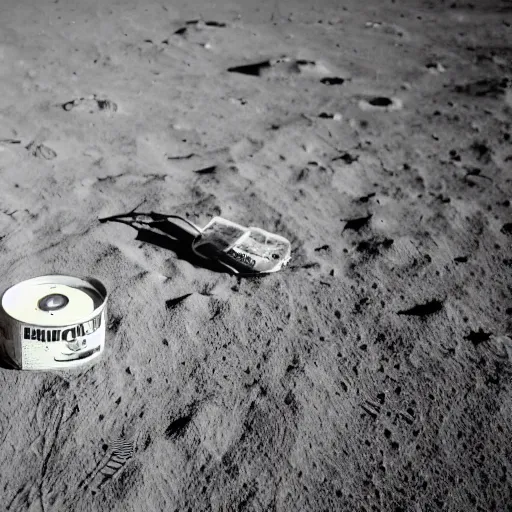 Image similar to photo of an electric guitar sitting idle and a beer can sitting idle on the moon surface. nuclearpunk